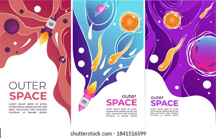 Planets and launching rockets on banner with text and copy space. Outer space exploration and discoveries, satellite and astrology posters. Spacecrafts and solar flares. Vector in flat style