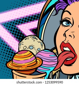 Planets are like ice cream. Woman astronaut licks sweets. Pop art retro vector illustration. Girls 80s