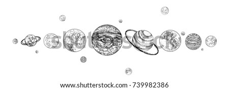 Planets lined up in row. Solar system drawn in monochrome colors. Gravitationally bound celestial bodies in outer space. Natural cosmic objects arranged in horizontal line. Vector illustration.