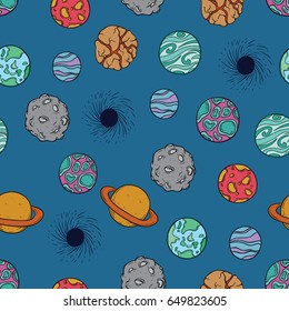 planets and meteor in seamless pattern using doodle art