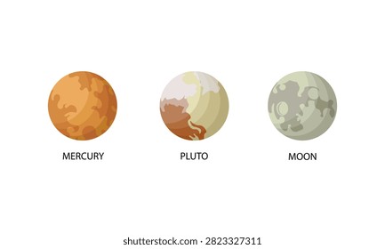 Planets and Moon Collection Mercury Pluto celestial body vector illustration