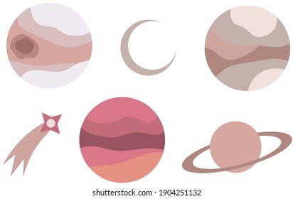 Planetas, luna y cometa aislados en blanco. Ilustración simple de iconos, elementos del cielo nocturno