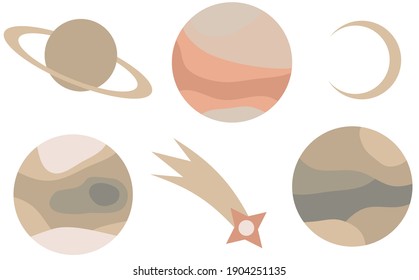 Planets, moon and comet isolated on white. Simple icon illustration, night sky elements