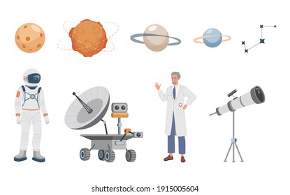 Planets, moon, stars and constellations, astronaut in spacesuit, mars rover with camera and antenna, telescope and scientist vector flat illustration. Space exploring, colonization concept.