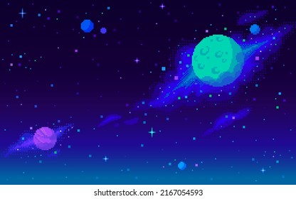 Planets and nebula background in pixel art style. Space, galaxy, cosmos, universe fantasy view background for computer game. 8 bit retro style vector illustration
