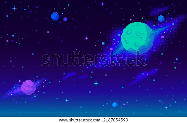 Planets and nebula background\
in pixel art style. Space, galaxy, cosmos, universe fantasy view\
background for computer game. 8 bit retro style vector\
illustration
