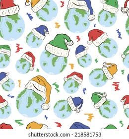 Planets in New Year's festive caps seamless texture