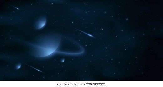 Planets on the background of open space with falling stars. Galaxy concept. Realistic starry sky for your science design. Vector illustration. EPS 10