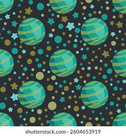 Planets on a dark space background. Astronomy seamless pattern illustration. Planets and stars	
