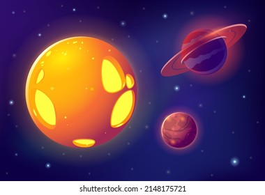 Planets on space. Galaxy and universe, poster or banner for website. Satellites, astronomy and astrology. Scientific research, innovation and modern technologies. Cartoon flat vector illustration