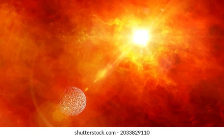 Planets orbit around the luminous sun. Abstract vector technology astronomical background.