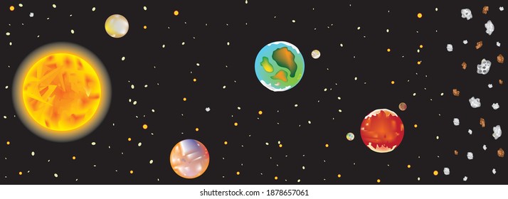 planets orbit sun in habitable zone with asteroids in the black space of our solar system , sun and other planets, super sun, hot sun, illumination on space, star and galaxy, habitable area  