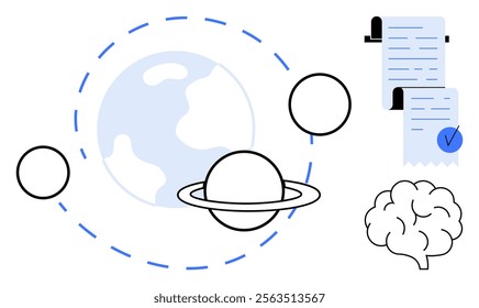 Planets orbiting with a checklist and brain icon. Ideal for space science, research, education, knowledge, and information. Clean and minimal style