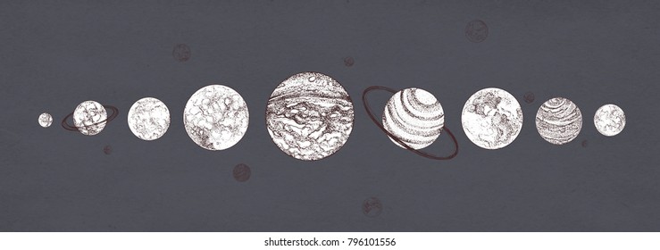 Planets organized in row against dark background. Solar planetary system drawn in monochrome colors. Celestial bodies in outer space. Cosmic objects arranged in horizontal line. Vector illustration.