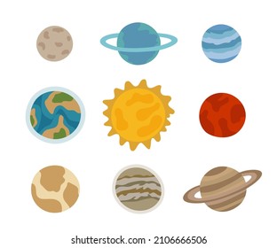 Planets of our solar system and the sun. Earth, moon, Venus, Neptune, Uranus, Jupiter, Mars. Vector illustration of cosmic objects of the universe.