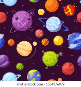 Planets in outer space cartoon flat seamless pattern. Astronomy, universe exploration, planetary, solar system backdrop design. Space bodies on purple background vector illustration