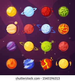 Planets in outer space cartoon vector illustrations set. Space bodies isolated cliparts color pack on purple background. Astronomy, universe exploration, planetary design elements collection