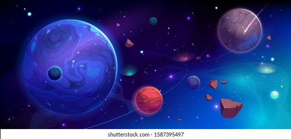 Планеты в космическом пространстве со спутниками, падающими метеорами и астероидами в темном звездном небе. Галактика, космос, вселенная футуристический фэнтезийный фон для компьютерной игры. Векторная иллюстрация мультфильма