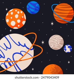 Planets in outer space with satellites, falling meteor and asteroids in dark starry sky. Galaxy, cosmos, universe futuristic fantasy view background. Cartoon vector illustration