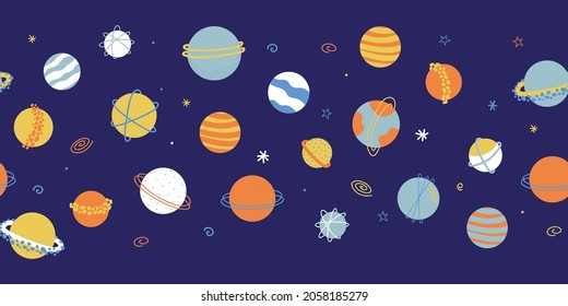 Planets Outer Space Seamless Vector Border. Galaxy Repeating Background. Cute Childish Planet Illustration Banner. Science Kids Design For Footer, Header, Fabric Trim, Card Decor.