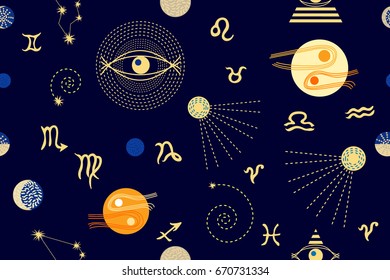 Planets parade. Seamless vector pattern with astrological symbols, space ships, stars and planets on dark blue background. Universe textile collection.