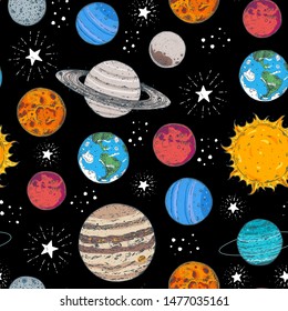 Planets pattern hand drawn. Hand drawn space seamless pattern. Vector illustration. Hand drawn space seamless pattern. Space background. 