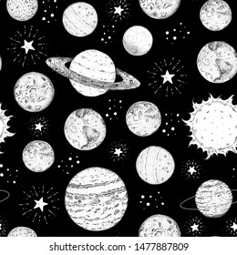 Planets pattern hand drawn. Hand drawn space seamless pattern. Vector illustration. Hand drawn space seamless pattern. Space background. 