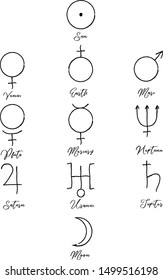Planets pictograms illustration. Planets signs. Space and stars.