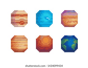Planets pixel art set. 80s video game sprites. Solar system objects, flat style. Various space planets, Sci-fi, fantastic world vector icons. Cosmic collection for game design.