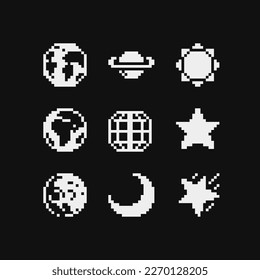 Planets pixel art set. 80s video game sprites. Solar system objects, star and moon, flat style. Various space planets, Sci-fi, fantastic world vector icons. Cosmic collection for game design. 