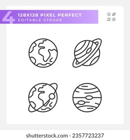 Los iconos lineales perfectos de píxeles planetarios se establecen. Educación astronómica. Cuerpo espacial. Sistema planetario. Láctea. Símbolos de línea delgada personalizables. Ilustraciones aisladas del contorno vectorial. Trazo editable