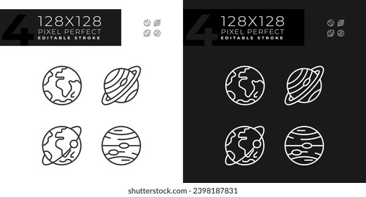Planets pixel perfect linear icons set for dark, light mode. Astronomy education. Space body. Planetary system. Thin line symbols for night, day theme. Isolated illustrations. Editable stroke