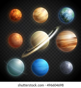 Planets realistic transparent set with Solar System planets isolated vector illustration 