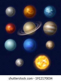 Planets realistic. Universe systems stars collection jupiter earth moon neptune various size of planets decent vector astronomy illustrations