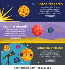 Planets research banner horizontal concept set. Flat illustration of 3 planets research vector banner horizontal concepts for web