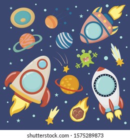 Planets and rockets for children- flat vector