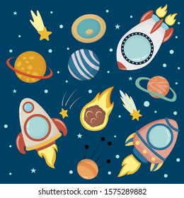Planets and rockets for children- flat vector