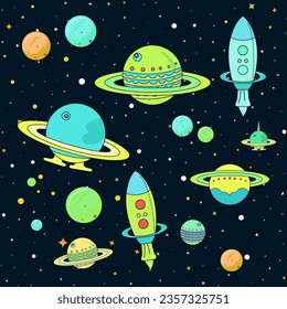 Planets, rockets or shuttle in dark starry sky. Fantasy universe space trip concept design. vector illustration. Seamless pattern with cartoon space rockets, planets and stars. Cartoon vector set.