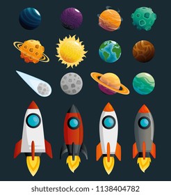 planets and rockets of the solar system scene