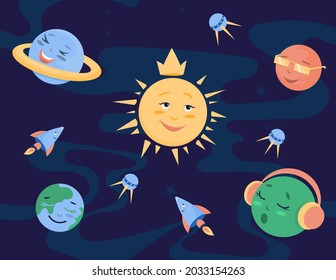 Planets and rockets in space with different emotions. Cute characters for children's design in a cartoon style. Vector illustration.