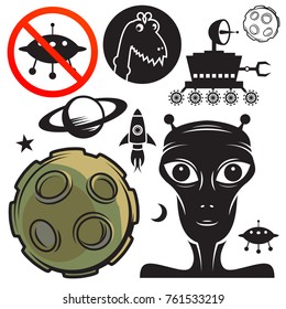 Planets, rockets, spaceships, ufo, stars, astronaut, alien abstract signs or symbols set, vector illustration