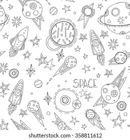 Planets, rockets and stars illustration. Hand drawn black and white seamless pattern. Space doodle vector background.