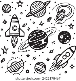 Planets, rockets, stars vector icons. Hand drawing on white background