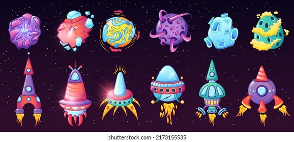 Planets, rockets UFO ships. Elements of a fantasy computer game, space objects isolated on a blue background.  A set of space fantasy objects flying saucer and planets. Cartoon vector illustration