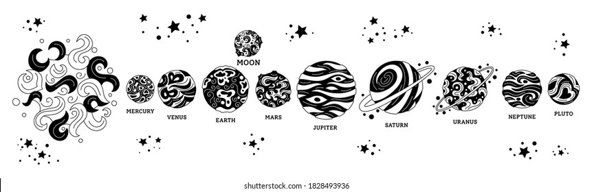 Planets row in space. Black glyph solar system. Astronomical observatory. Doodle sun moon mercury venus earth mars jupiter saturn neptun. Astronomy galaxy space. Vector black white illustration