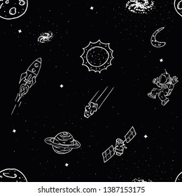 Planets, satellites, astronauts, comets. Hand drawing. Seamless pattern space. Vector illustration.