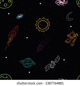  Planets, satellites, astronauts, comets. Seamless pattern space. Hand drawing. Vector illustration.