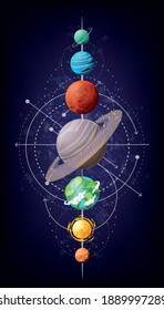 Planets and satellites. Solar system. Vector design. Stock illustration.
