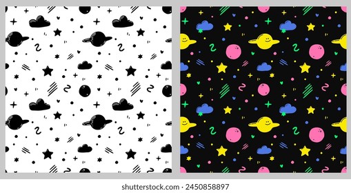 Planets, Saturn, clouds on white and black background doodle set. Bright space elements kids. Seamless vector pattern for children's toys, fabric, textile, paper printing, backgrounds and clothing.