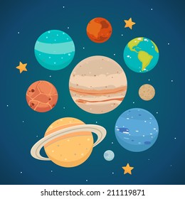 Planets: Saturn, Mars, Neptune, Earth, Venus, Mercury, Jupiter, Uranus, Pluto. Vector.